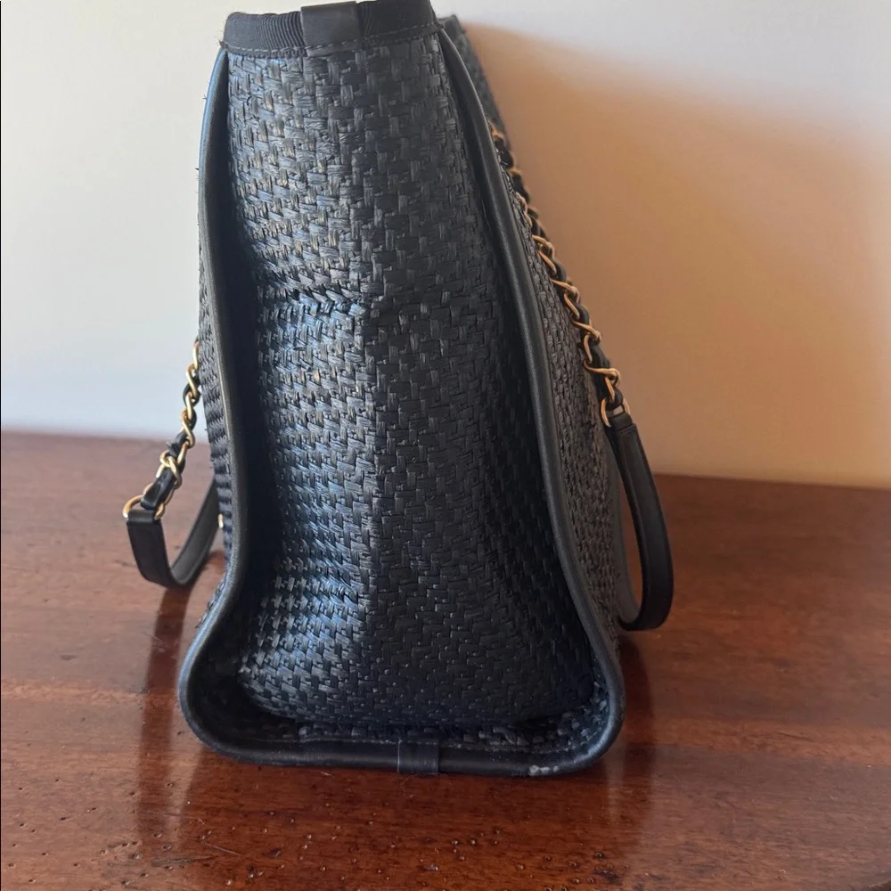 CHANEL Straw Raffia‎ Calfskin Chain Deauville Tote Black